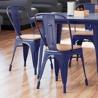 Lancaster Table & Seating Alloy Series Navy Metal Indoor Industrial Cafe Chair with Vertical Slat Back and Natural Wood Seat