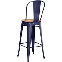 Lancaster Table & Seating Alloy Series Navy Metal Indoor Industrial Cafe Bar Height Stool with Vertical Slat Back and Natural Wood Seat
