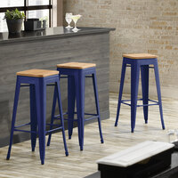 Lancaster Table & Seating Alloy Series Navy Stackable Metal Indoor Industrial Barstool with Natural Wood Seat