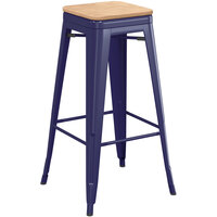 Lancaster Table & Seating Alloy Series Navy Stackable Metal Indoor Industrial Barstool with Natural Wood Seat