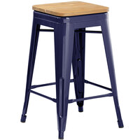 Lancaster Table & Seating Alloy Series Navy Metal Indoor Industrial Cafe Counter Height Stool with Natural Wood Seat