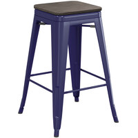 Lancaster Table & Seating Alloy Series Navy Metal Indoor Industrial Cafe Counter Height Stool with Black Wood Seat