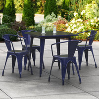 Lancaster Table & Seating Alloy Series 32 inch x 32 inch Navy Dining Height Outdoor Table with 4 Arm Chairs