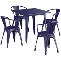 Lancaster Table & Seating Alloy Series 32" x 32" Navy Dining Height Outdoor Table with 4 Arm Chairs