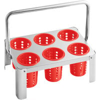 Choice Stainless Steel Flatware Carrier with 6 Red Plastic Perforated Cylinders