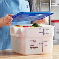 Vigor 12 Qt. White Square Polyethylene Food Storage Container with Blue Lid