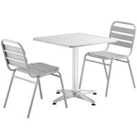 Lancaster Table & Seating 28 inch Chrome Powder-Coated Square Steel and Aluminum Dining Set with 2 Aluminum Outdoor Side Chairs