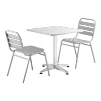Lancaster Table & Seating 27 1/2" x 27 1/2" Chrome Square Outdoor Standard Height Table with 2 Silver Side Chairs