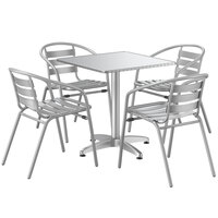 Lancaster Table & Seating 27 1/2 inch x 27 1/2 inch Chrome Powder-Coated Square Steel and Aluminum Dining Set with 4 Aluminum Outdoor Arm Chairs
