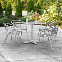 Lancaster Table & Seating 27 1/2 inch x 27 1/2 inch Chrome Square Outdoor Standard Height Table with 4 Chrome Arm Chairs