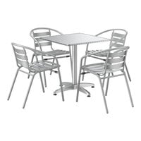 Lancaster Table & Seating 27 1/2" x 27 1/2" Chrome Square Outdoor Standard Height Table with 4 Silver Arm Chairs