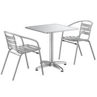 Lancaster Table & Seating 27 1/2 inch x 27 1/2 inch Chrome Powder-Coated Square Steel and Aluminum Dining Set with 2 Aluminum Outdoor Arm Chairs
