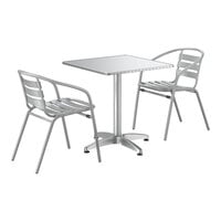 Lancaster Table & Seating 27 1/2" x 27 1/2" Chrome Square Outdoor Standard Height Table with 2 Silver Arm Chairs