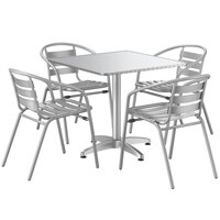 Lancaster Table & Seating 31 1/2 inch x 31 1/2 inch Chrome Powder-Coated Square Steel and Aluminum Dining Set with 4 Aluminum Outdoor Arm Chairs