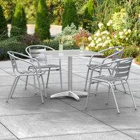 Lancaster Table & Seating 31 1/2 inch x 31 1/2 inch Chrome Square Outdoor Standard Height Table with 4 Chrome Arm Chairs