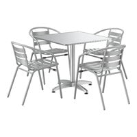Lancaster Table & Seating 31 1/2" x 31 1/2" Chrome Square Outdoor Standard Height Table with 4 Silver Arm Chairs