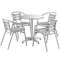Lancaster Table & Seating 27 inch Chrome Powder-Coated Round Steel and Aluminum Dining Set with 4 Aluminum Outdoor Arm Chairs