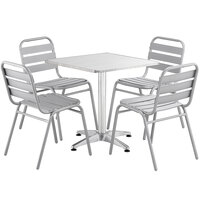 Lancaster Table & Seating 27 1/2 inch x 27 1/2 inch Chrome Square Outdoor Standard Height Table with 4 Chrome Side Chairs