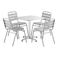 Lancaster Table & Seating 27 1/2" x 27 1/2" Chrome Square Outdoor Standard Height Table with 4 Silver Side Chairs