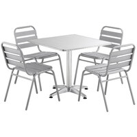 Lancaster Table & Seating 32 inch Chrome Powder-Coated Square Steel and Aluminum Dining Set with 4 Aluminum Outdoor Side Chairs