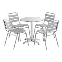 Lancaster Table & Seating 27 1/2" Chrome Round Outdoor Standard Height Table with 4 Silver Side Chairs
