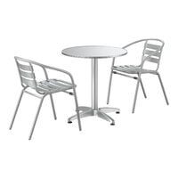 Lancaster Table & Seating 27 1/2" Chrome Round Outdoor Standard Height Table with 2 Silver Arm Chairs