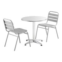 Lancaster Table & Seating 27 1/2" Chrome Round Outdoor Standard Height Table with 2 Silver Side Chairs