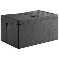 Cambro Cam GoBox® Black Flip Lid Top Loading EPP Insulated Food Pan Carrier with Cup Holders (30 Compartment) - 8" Deep Full-Size Pan Max Capacity