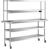 Regency 24 inch x 72 inch Expeditor Table with Double Overshelf, Strip Warmer, and 2 Undershelves