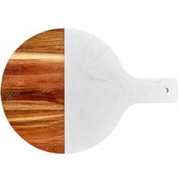 Acopa 10 inch Round Acacia Wood and White Marble Serving Board with 4 inch Handle