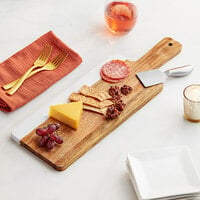 Acopa 19 inch x 6 inch Acacia Wood and White Marble Serving Board with Handle