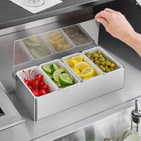 Tablecraft 4-Compartment Stainless Steel Condiment Bar with (4) 1 Pint Plastic Inserts