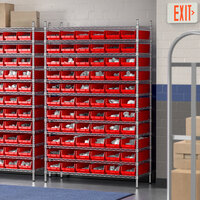 Regency 12 inch x 48 inch x 74 inch Wire Shelving Unit with 66 Red Bins