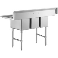 Regency 64 inch 16-Gauge Stainless Steel Three Compartment Commercial Sink with Stainless Steel Legs, Cross Bracing and 2 Drainboards - 12 inch x 20 inch x 12 inch Bowls
