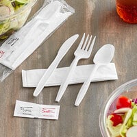 Dixie White Medium Weight Polypropylene Fork, Knife, Spoon, Napkin, Salt, and Pepper Wrapped Cutlery Kit - 250/Case