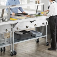 ServIt Four Pan Open Well Electric Steam Table with Angled Sneeze Guard, Fixed Tray Slide, and Casters - 208/240V, 3000W
