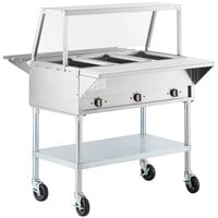 ServIt Three Pan Open Well Electric Steam Table with Angled Sneeze Guard, Tubular Tray Slide, and Casters - 120V, 1500W