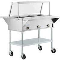 ServIt Three Pan Open Well Electric Steam Table with Angled Sneeze Guard, Fixed Tray Slide, and Casters - 120V, 1500W