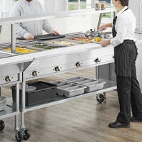 ServIt Five Pan Open Well Electric Steam Table with Angled Sneeze Guard, Tubular Tray Slide, and Casters - 208/240V, 3750W
