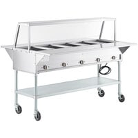 ServIt Five Pan Open Well Electric Steam Table with Angled Sneeze Guard, Fixed Tray Slide, and Casters - 208/240V, 3750W