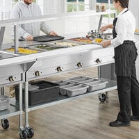 ServIt Five Pan Open Well Electric Steam Table with Angled Sneeze Guard, Fixed Tray Slide, and Casters - 208/240V, 3750W