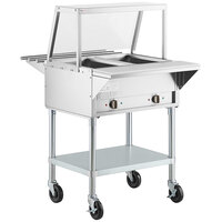 ServIt Two Pan Open Well Electric Steam Table with Angled Sneeze Guard, Tubular Tray Slide, and Casters - 120V, 1000W