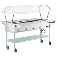 ServIt Five Pan Open Well Electric Steam Table with 2-Sided Sneeze Guard, (2) Drop Down Tray Slides, and Casters - 208/240V, 3750W