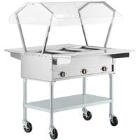 ServIt Three Pan Open Well Electric Steam Table with 2-Sided Sneeze Guard, (2) Drop Down Tray Slides, and Casters - 120V, 1500W