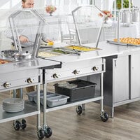 ServIt Three Pan Open Well Electric Steam Table with 2-Sided Sneeze Guard, (2) Drop Down Tray Slides, and Casters - 120V, 1500W