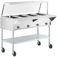 ServIt Four Pan Open Well Electric Steam Table with Angled Sneeze Guard and Casters - 120V, 2000W