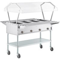ServIt Four Pan Open Well Electric Steam Table with 2-Sided Sneeze Guard, (2) Tubular Tray Slides, and Casters - 208/240V, 3000W