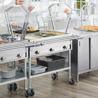 ServIt Three Pan Open Well Electric Steam Table with 2-Sided Sneeze Guard, (2) Tubular Tray Slides, and Casters - 120V, 1500W