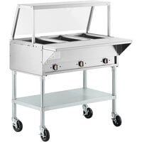 ServIt Three Pan Open Well Electric Steam Table with Angled Sneeze Guard and Casters - 120V, 1500W