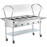 ServIt Five Pan Open Well Electric Steam Table with 2-Sided Sneeze Guard, (2) Tubular Tray Slides, and Casters - 208/240V, 3750W